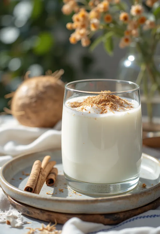 Coconut-cinnamon kefir in a glass, light creamy coloured drink sprinkled with desiccated coconut and cinnamon