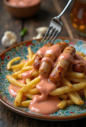 Salchipapas served with salsa rosada, fried potatoes and frankfurters