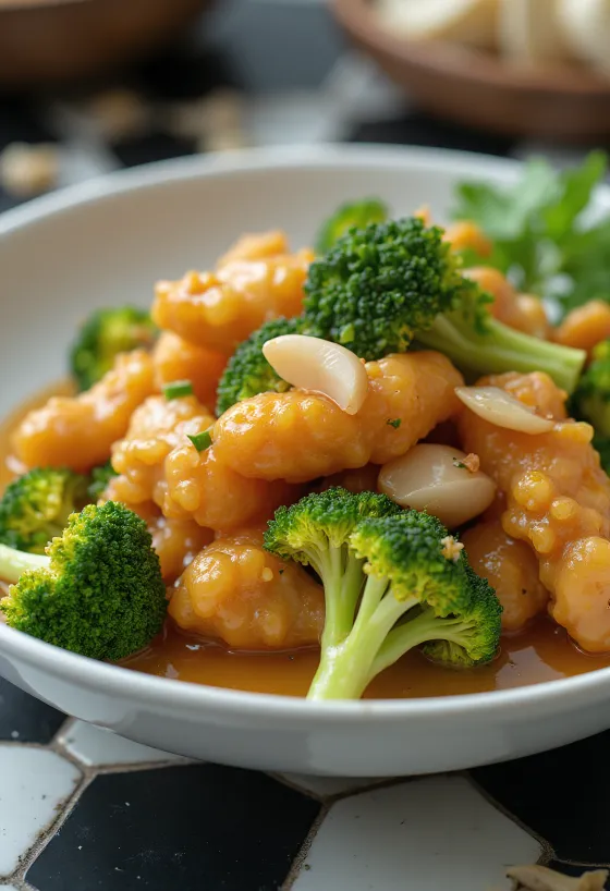 Broccoli tangsuyuk with golden brown chicken pieces, served with fresh broccoli