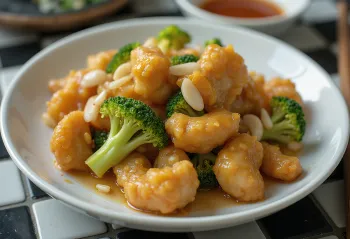 Broccoli tangsuyuk with golden brown chicken pieces, served with fresh broccoli