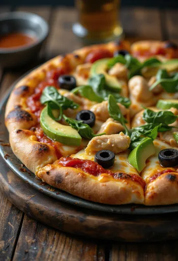 California Pizza with fresh avocado, chicken breast and spinach