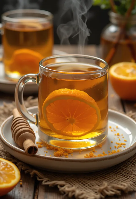 Cinnamon and honey cider warming drink garnished with orange slice and cinnamon