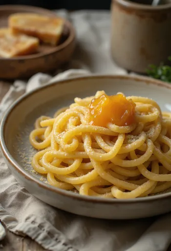 Semolina pasta sprinkled with icing sugar and jam