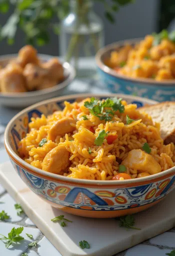 Jollof rice served with chicken