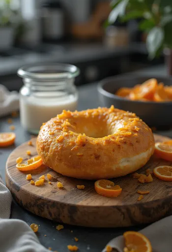 Freshly baked candied orange peel and rum bagel