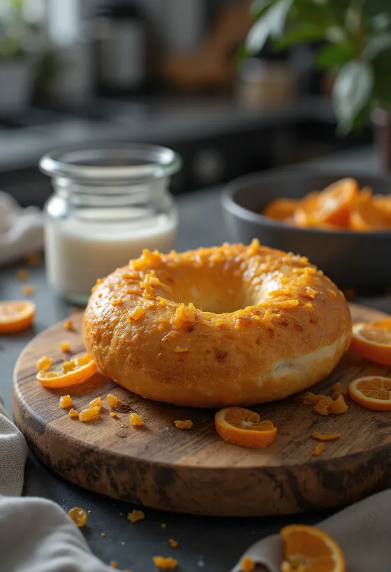 Freshly baked candied orange peel and rum bagel