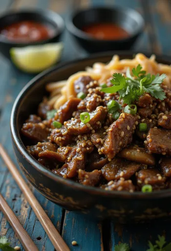 Beef Bulgogi with Sesame Seeds Korean style dish served