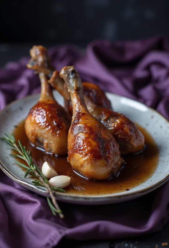 Roast goose legs with crispy skin, served with braised cabbage and potatoes
