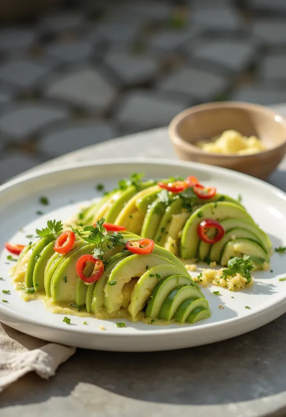 Vegan Tiradito with avocado, carrots and cucumber, garnished with fresh coriander.