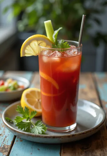 Bloody Mary cocktail decorated with celery stick and lemon slice