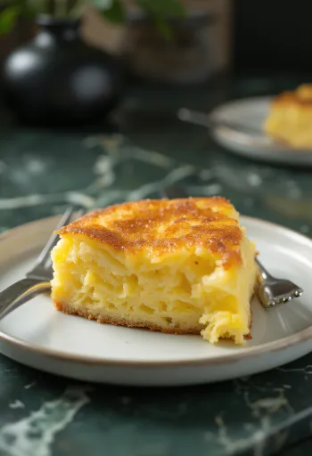Creamy Bolo de Fubá with coconut milk and cheese, a slice of cake, golden brown and creamy texture