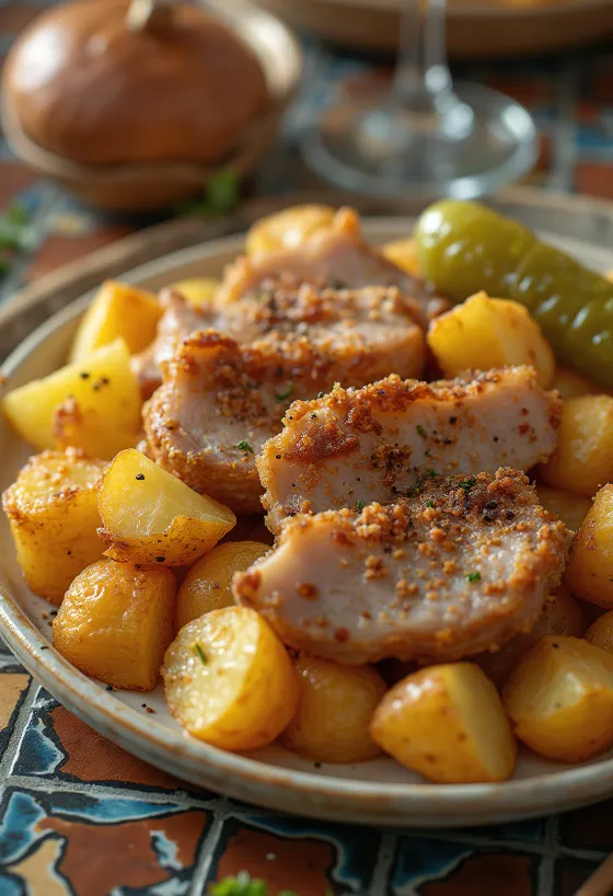 Freshly fried Brassói pork roast with potato cubes and spices