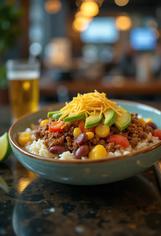Burrito bowl with beef, rice, beans, corn and cheese