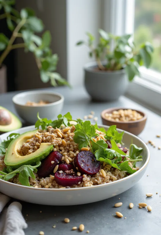 Beetroot and quinoa Buddha bowl with toasted seeds