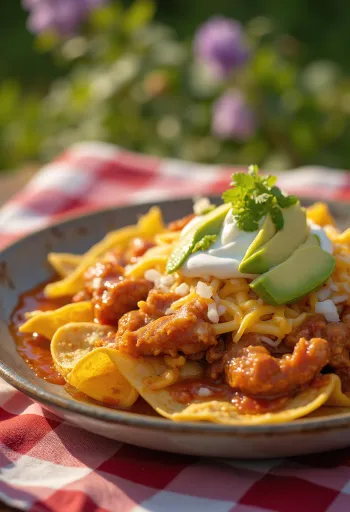 Chilaquiles with spiced chicken, tortilla strips, enchilada sauce, chicken, avocado, cheese and coriander garnish