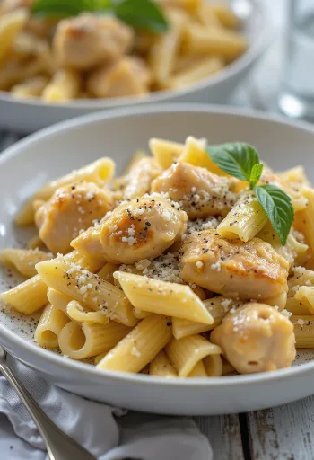 Chicken pasta with creamy sauce sprinkled with fresh herbs