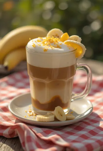 Orange and banana latte creamy coffee drink garnished with orange zest