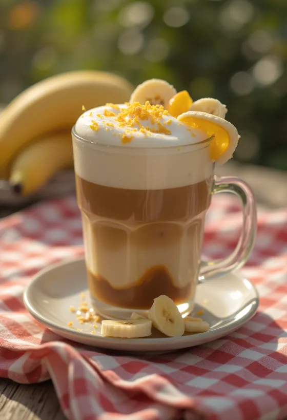 Orange and banana latte creamy coffee drink garnished with orange zest