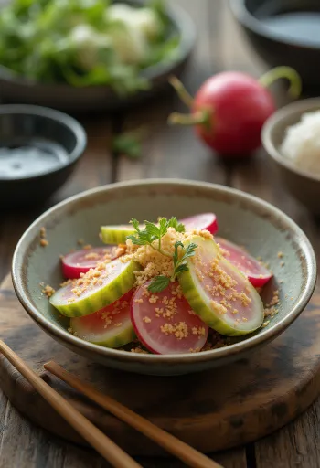 Nukazuke, fermented vegetables in a bowl, with various colourful vegetables and rice vinegar paste
