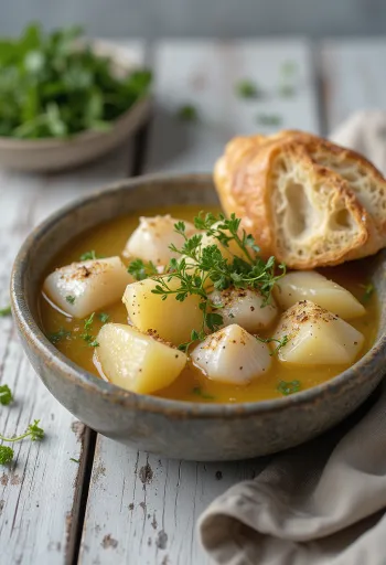 Psarosoupa enriched with potato, rich fish soup served with fresh olive oil and lemon juice