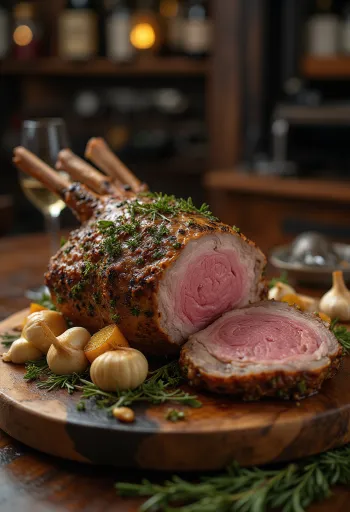 Roast leg of lamb served with vegetables