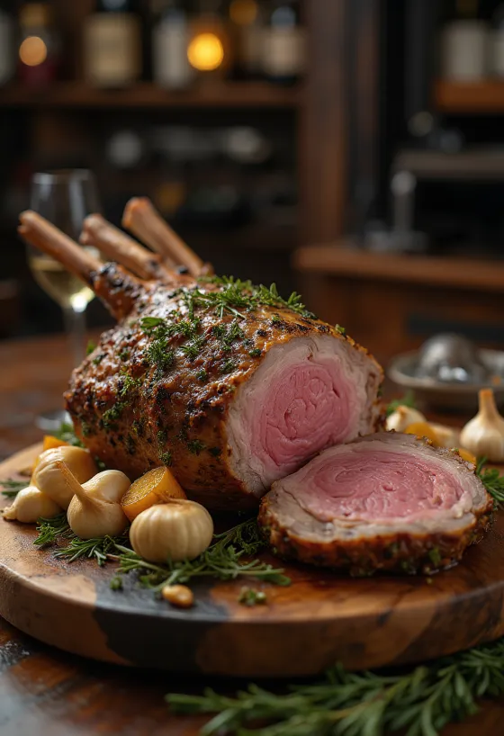 Roast leg of lamb served with vegetables