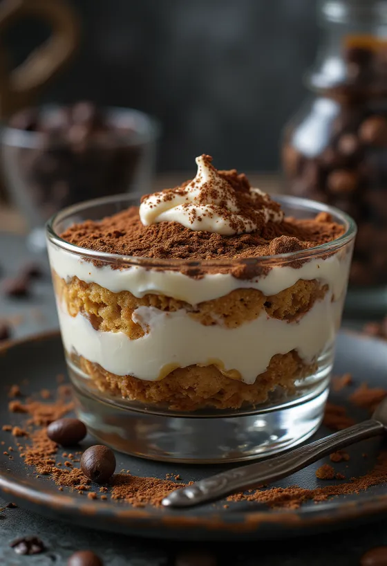 Classic tiramisu, layered with sponge fingers and dusted with cocoa powder