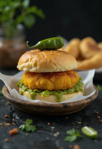 Meat-stuffed Vada Pav served with chutney