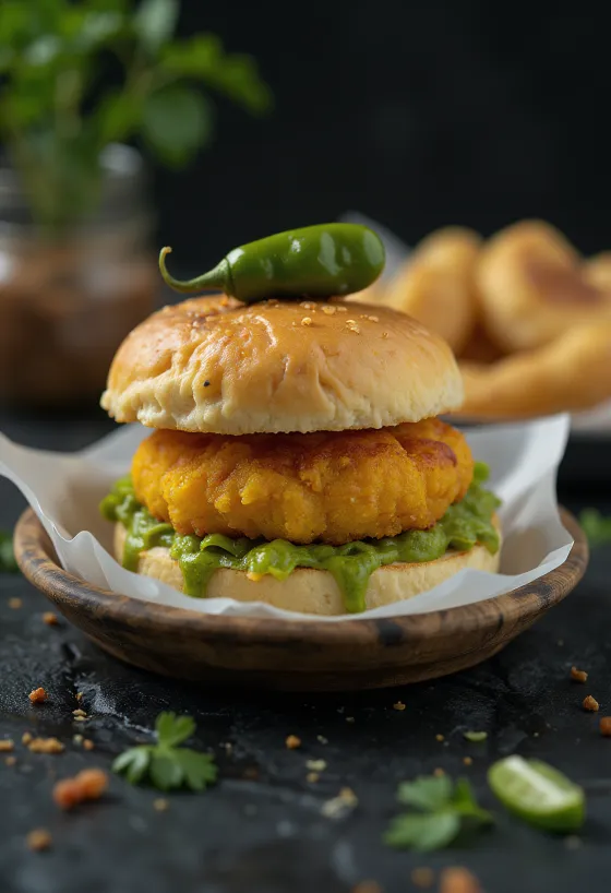 Meat-stuffed Vada Pav served with chutney