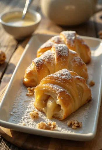 Crispy apple strudel filled with fresh apples, dusted with icing sugar