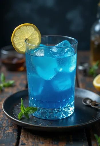 Blue Lagoon cocktail decorated with lemon slice and cocktail cherry