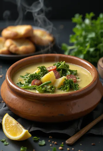 Caldo Verde with lemon juice, served with fresh kale and sausage
