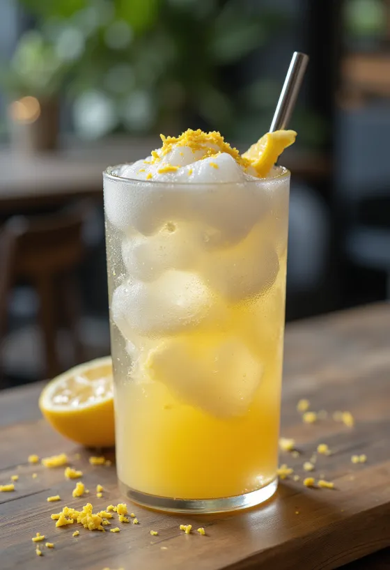 Lemon and ginger frappé refreshing drink garnished with lemon slice