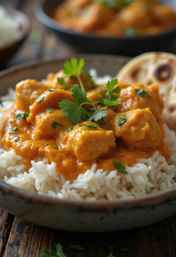 Chicken tikka masala served with basmati rice