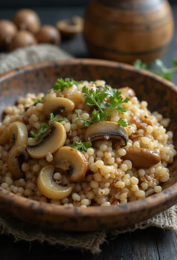 Kasha with mushrooms, served in a simple pot showing delicious kasha