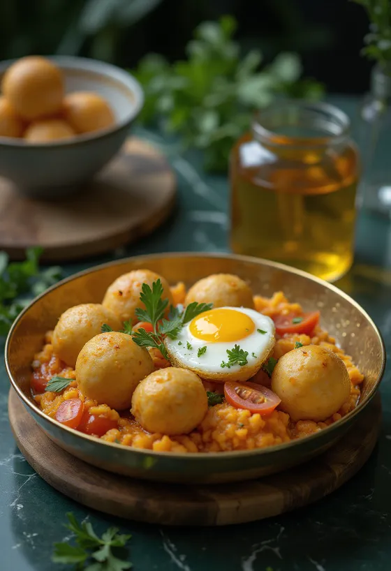 Litti Chokha with onion, fried wheat flour balls with aubergine mash and fresh coriander