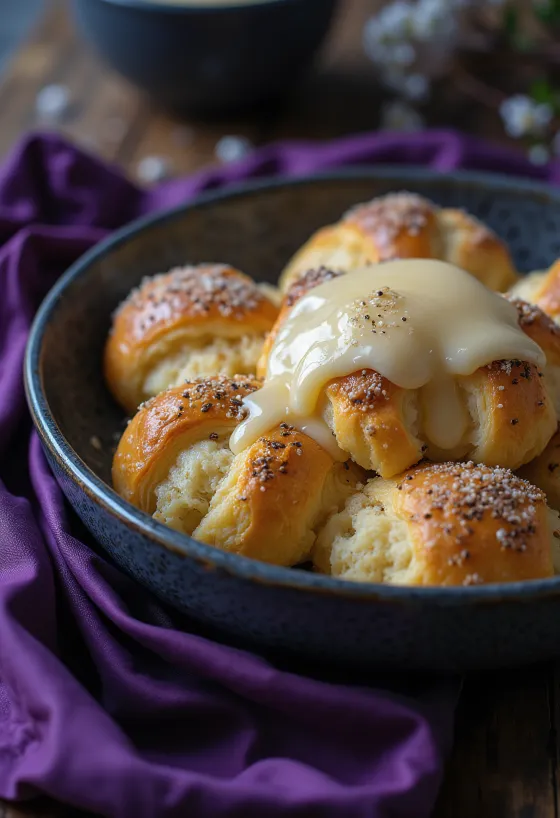 Poppy seed bread pudding sprinkled with icing sugar, served with vanilla custard