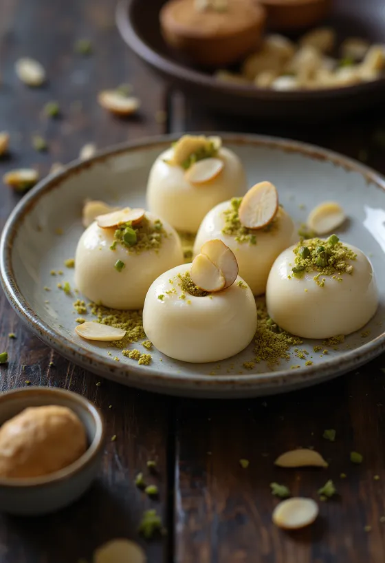 Malai Sondesh with cream, garnished with fresh cottage cheese and rosewater