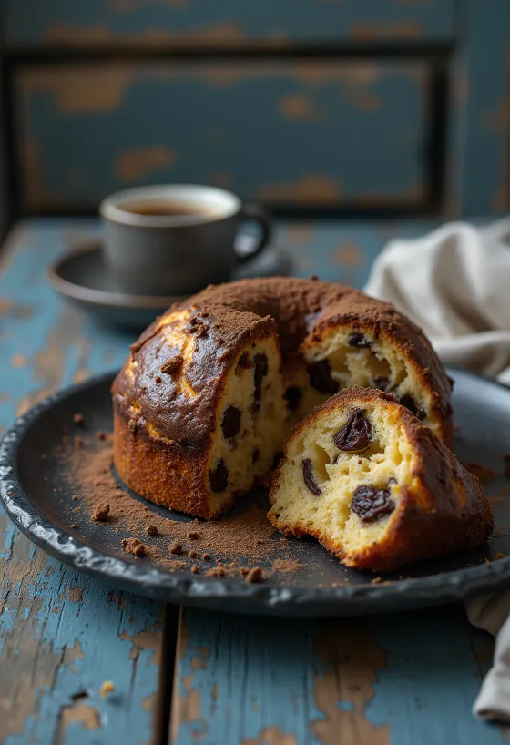 Dark chocolate panettone served in slices, with soft interior