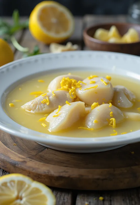 Psarosoupa refreshed with lemon juice, rich fish soup served with fresh olive oil and lemon juice