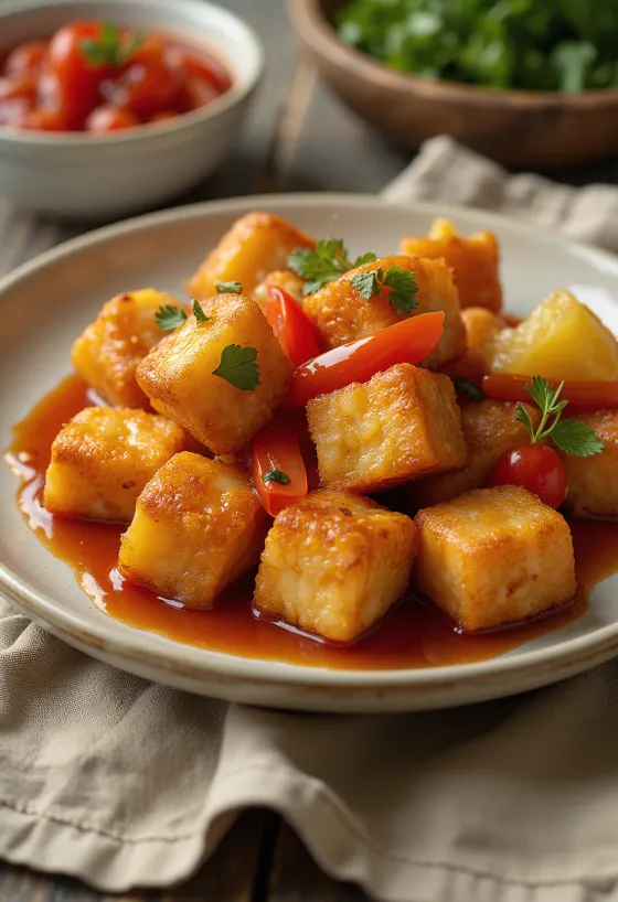 Crispy fried tofu served with sweet and sour sauce