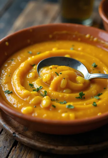 Creamy butternut squash and sweetcorn soup served