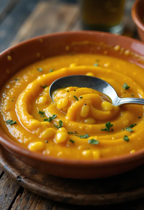 Creamy butternut squash and sweetcorn soup served