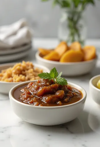 Tamarind chutney in a jar, rich brown coloured spiced sauce