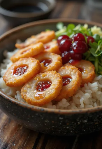 Katsudon stuffed with umeboshi pickled plum served, mouth-watering golden brown meats.