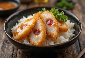 Katsudon stuffed with umeboshi pickled plum served, mouth-watering golden brown meats.