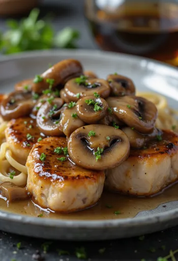 Veal scallopini Marsala served with mushrooms and fresh parsley