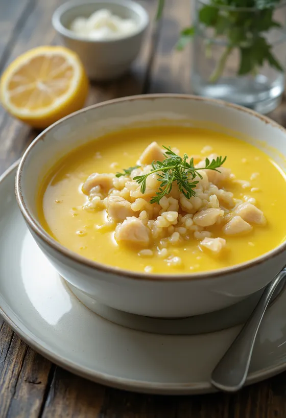 Avgolemono with Egg Yolks, egg-lemon soup with rich chicken meat and rice