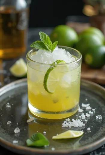 Caipirinha cocktail with lime wedges and crushed ice