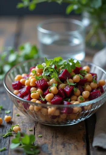 Beetroot chickpea salad served with fresh rocket and toasted walnuts.